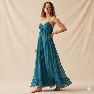 Anthropologie Maxi Dress Ruffle Sheer Silk Tank Empire Blue Teal Size Small